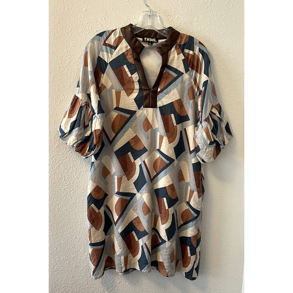 THML Women's Dress Size Small Geometric Faux Leather Neckline Puff Sleeve Artsy